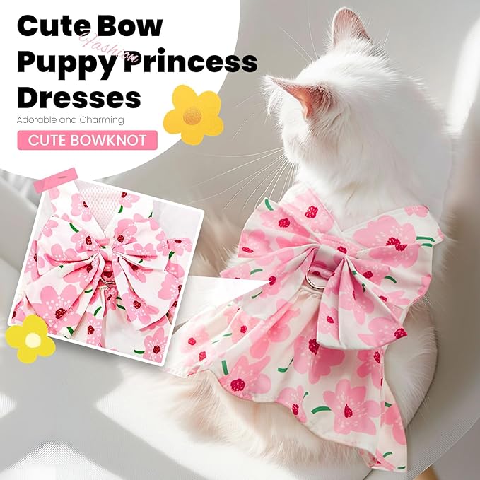 ABRRLO Cute Dog Dress Small Dog Clothes for Girls Female Puppy Outfits Pink Floral Pet Summer Clothes Bowknot Doggy Cat Princess Dress Harness Set for Holiday Birthday Party Costume Clothing (Pink,L)