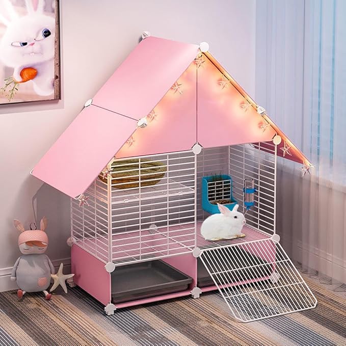 Choowin 2-Story Small Rabbit Cage Bunny Hutch Guinea Pig Cage Small Animals House, Metal Wire Netting Villa with Pull-Out Tray, Indoor Habitat for Ferret Chinchilla Hedgehog, Pink