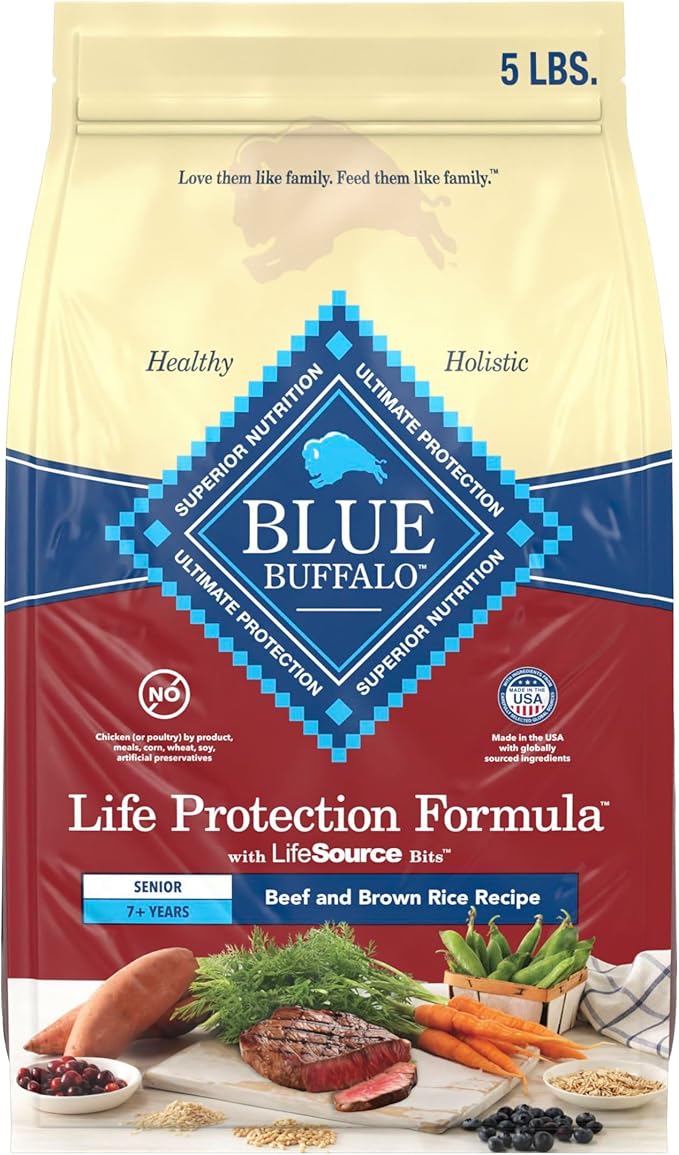 Blue Buffalo Life Protection Formula with LifeSource Bits, Senior 7+ Dry Dog Food, Beef and Brown Rice Recipe, Natural Food for Dogs, 5 lb. Bag