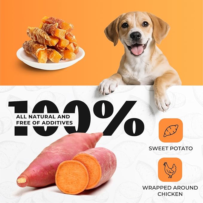 Dog Treats, Sweet Potato wrap Chicken Jerky Pack Healthy raw Skin no Doggie Snack Chicken Jerky Low-Fat, high-Protein Textured Snack for Medium-Sized and Small to Large Dogs (32 Ounces)