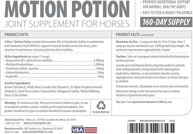 Jeffers Motion Potion Horse Joint Supplement Pellets – Glucosamine HCL, MSM, Chondroitin, Hyaluronic Acid, Vitamin C & E, Daily Equine Support for Senior & Active Horses – 10 lbs, 160 Day Supply