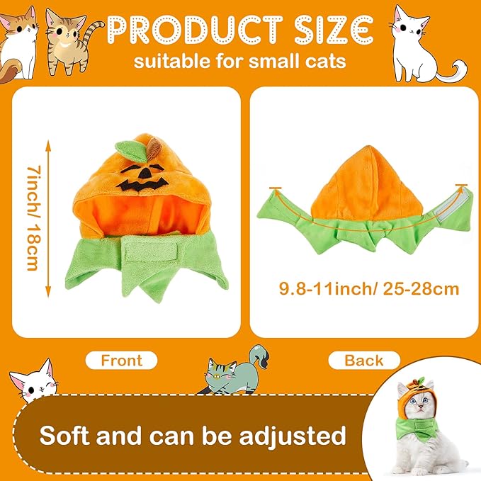 Xuniea 2 Pieces Halloween Pumpkin Cat Hat - Adjustable Pumpkin Cat Costume Cap for Pet Cats and Kittens