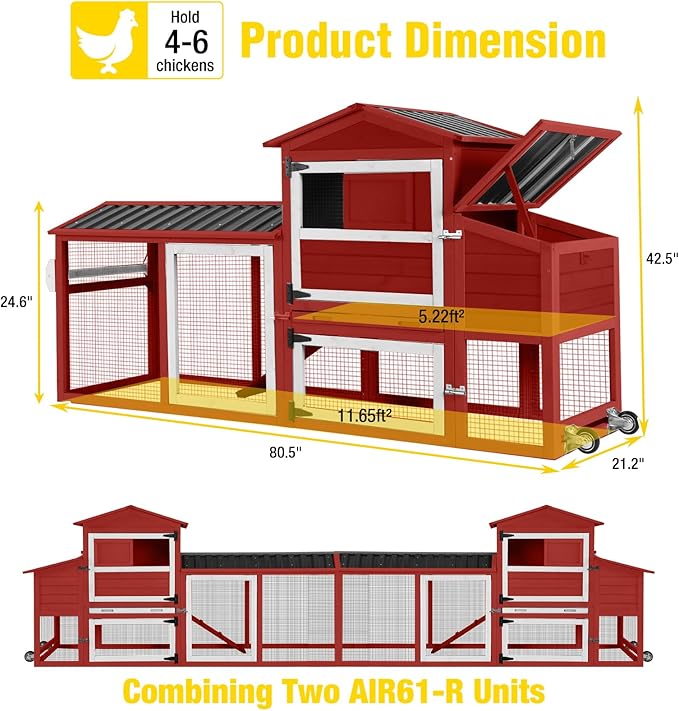 Aivituvin Chicken Coop with Run and Wheels, Mobile Outdoor Hen House Wooden Poultry Cage with Waterproof Roof (Red, AIR61)