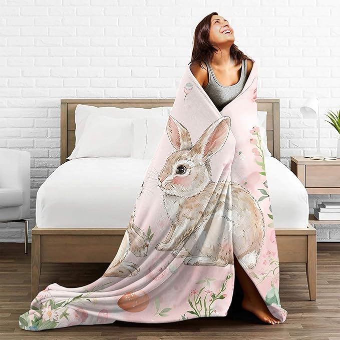 Cute Rabbit Blanket Bunny Flower Decor Pink Throw Blanket Gifts for Girls Boys Rabbit Lover Couch Bedding Super Warm Soft Plush Lightweight Fleece Flannel Blanket for Kids Adults Men Women 80"X60"