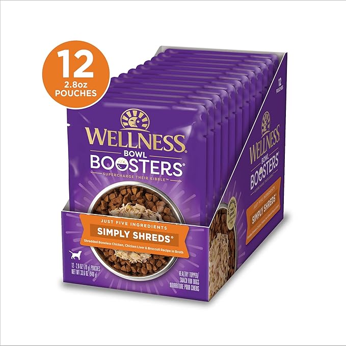 Wellness Bowl Boosters Simply Shreds Wet Dog Food Topper for Small, Medium, & Large Breeds, Grain Free, Natural, Chicken Liver & Broccoli, 2.8 Ounce Pouch (Pack of 12)