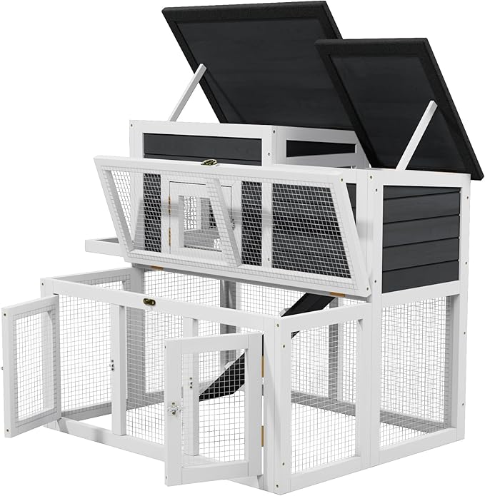 Outdoor Rabbit Hutch for 2-4 Chickens Wooden with Waterproof Asphalt Roof, Ramp, Openable Top Pull-Out Tray Suitable for Suitable for Indoor and Outdoor Use. (White Black)