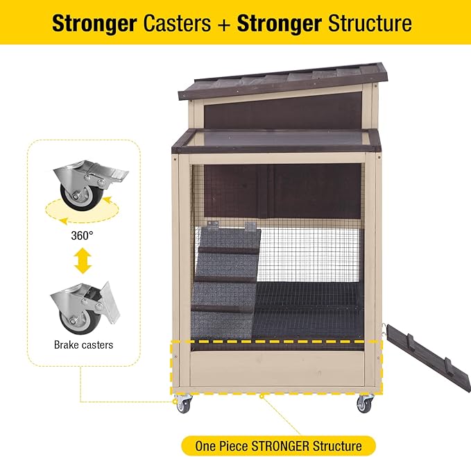 Aivituvin Upgrade Rabbit Cage Indoor Bunny Hutch with Run with Two Deeper No Leak Trays - 4 Casters Include for Outdoor (Coffee)