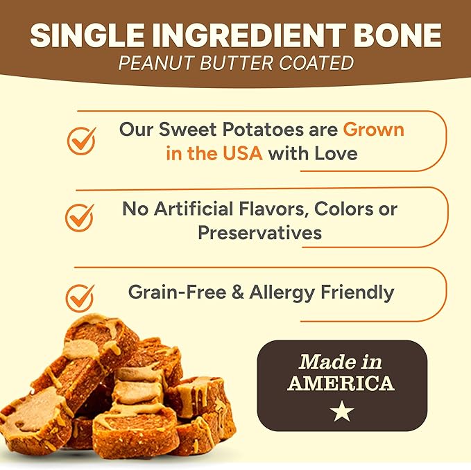 Gaines Family Farmstead Peanut Butter Coated Sweet Potato Dog Bones, 4 pack - 40 oz Bags, Grain-Free, Chewy, Natural Dog Treats for Digestion, Skin, Energy & Immunity – Limited Ingredient, Made in USA