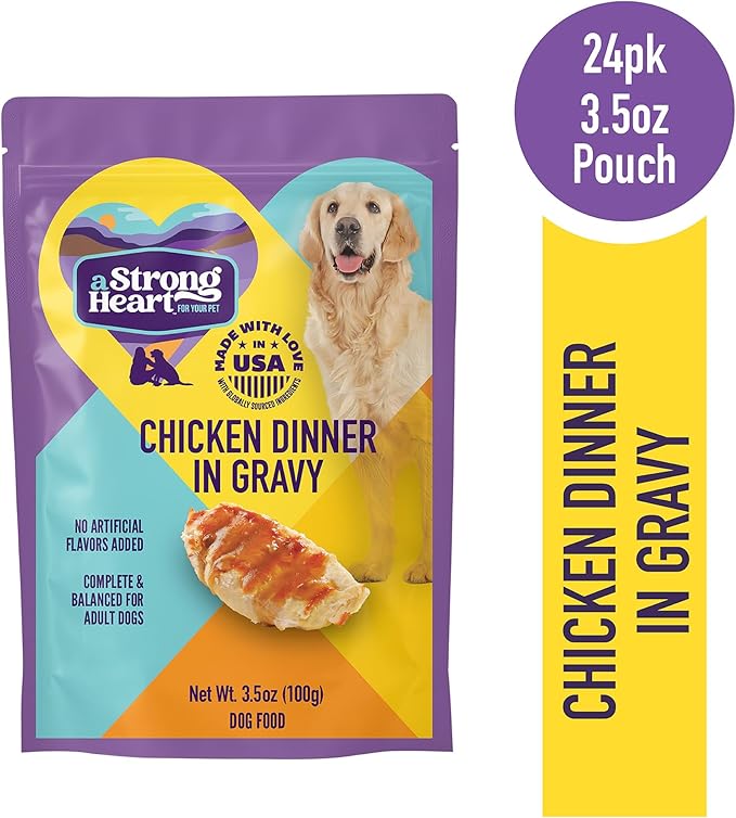 A Strong Heart Wet Dog Food Pouches, Chicken Dinner in Gravy, 3.5 oz Pouches (Pack of 24), Made in The USA with Real Chicken