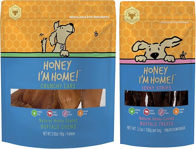 Honey I'm Home Crunchy Ears and Jerky Strips Buffalo Dog Chews and Treats Variety Pack of 2