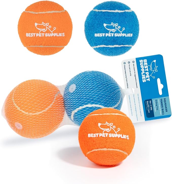 Best Pet Supplies Interactive Squeaky Dog Chew Toy, Ideal Dog Toys for Chewers, Small, Medium & Large Dogs, and Fetch Lovers - Tennis (Assorted Color), Large (Pack of 2)