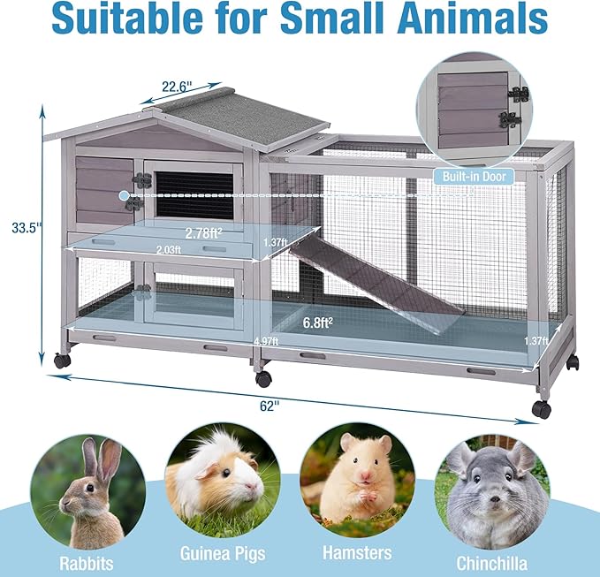 Rabbit Hutch Indoor, 62’’ Bunny Hutch Outdoor, Mobile Rabbit House with Wheels, Wooden Bunny Cage with Leakproof Tray, Chew-Proof Ramp for Guinea Pig(Grey)