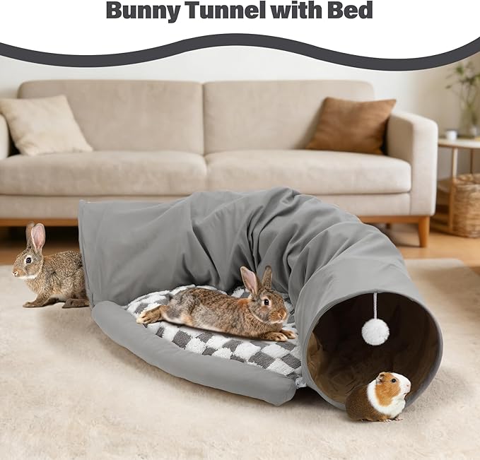 BWOGUE Bunny Tunnel Bed, 2-in-1 Collapsible Tunnel Tubes Toys with Removable Mat Hideout for Cats Kittens Rabbits Guinea Pigs Kitty (Gray)