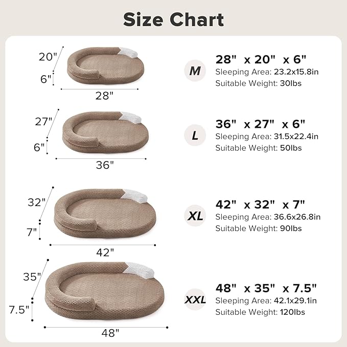 JOEJOY XL Orthopedic Dog Beds Large Sized Dog, Extra Large Washable Waterproof Oval Large Dog Bed with Removable Cover, Egg-Crate Foam Pet Bed with Bolster Sides & Non-Skid Bottom, Brown, 42''x31''
