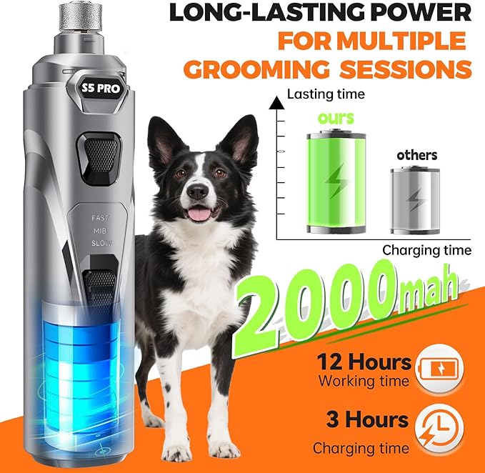 Whisper Quiet Dog Nail Grinder with LED Light, Safe & Stress-Free for Sensitive Dogs of All Breeds & Sizes, 3 Grinding Bits, 3-Speed, Pet Nail Trimmers, Rechargeable Painless Grooming Kit Grey