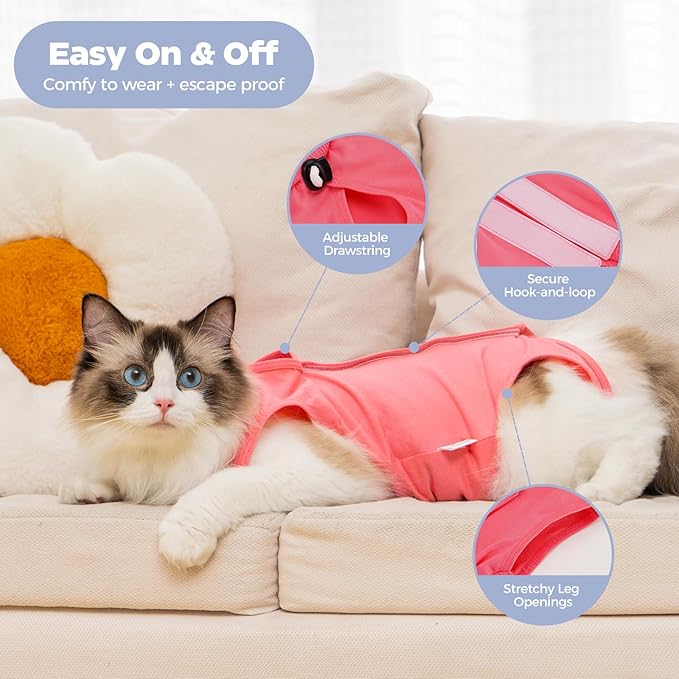 Avont Cat Recovery Suit Female Kitten After Spay Surgery, Breathable Modal Cotton Cat Onesie for Wound & Skin Disease Care, Machine Washable -Rosepink(S)