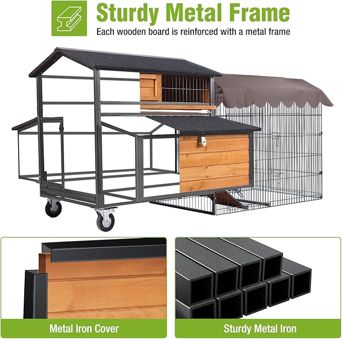 GUTINNEEN Large Metal Frame Chicken Coop for 6–8 Chickens, Solid Fir Wood Hen House with Reinforced Nesting Boxes, Oversized Wheels, Weatherproof Roof & Predator-Proof Run, 76.7" L x 53.8" W x 36.8" H