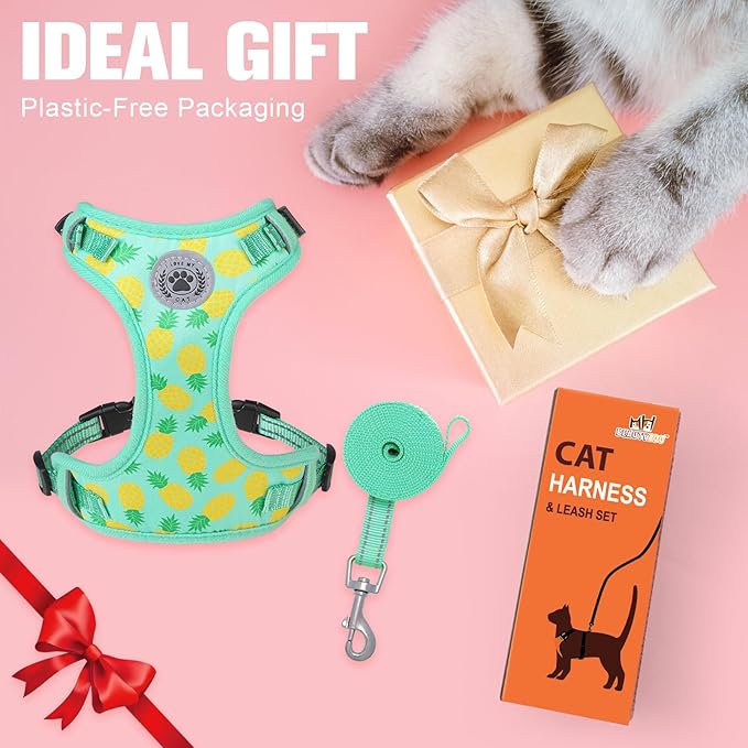BEAUTYZOO Cat Harness and Leash Set Escape Proof, Medium Cat Vest Harness for Walking, Adjustable Step in Kitten Harnesses for Travel, Soft Lightweight Outdoor Cute Kitten Harnesses, Pineapple M