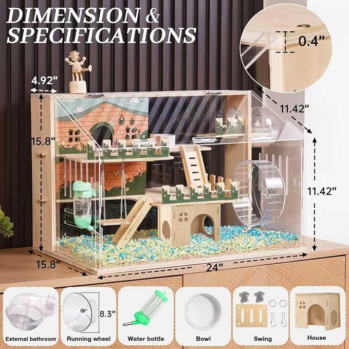 12 in 1 Large Wooden Hamster Cage with All Accessories, 24"*15.8"*15.8" 3-Layer Dwarf Hamster Cage Acrylic,Pastoral Style Mouse Cage for Pet Mice, Hedgehog, with Stairs, Fences and House