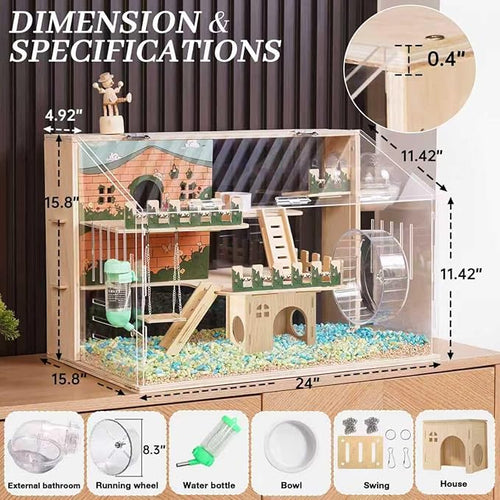 12 in 1 Large Wooden Hamster Cage with All Accessories, 24"*15.8"*15.8" 3-Layer Dwarf Hamster Cage Acrylic,Pastoral Style Mouse Cage for Pet Mice, Hedgehog, with Stairs, Fences and House