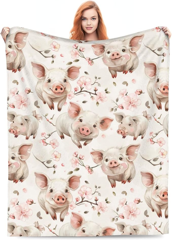 Cute Pig Blanket Gifts for Women Men Adults Pig Lovers, Piglet and Floral Plush Fleece Throw Blankets, Cozy Soft Warm Bedding Decor for Sofa Living Room Travel 40"x50"