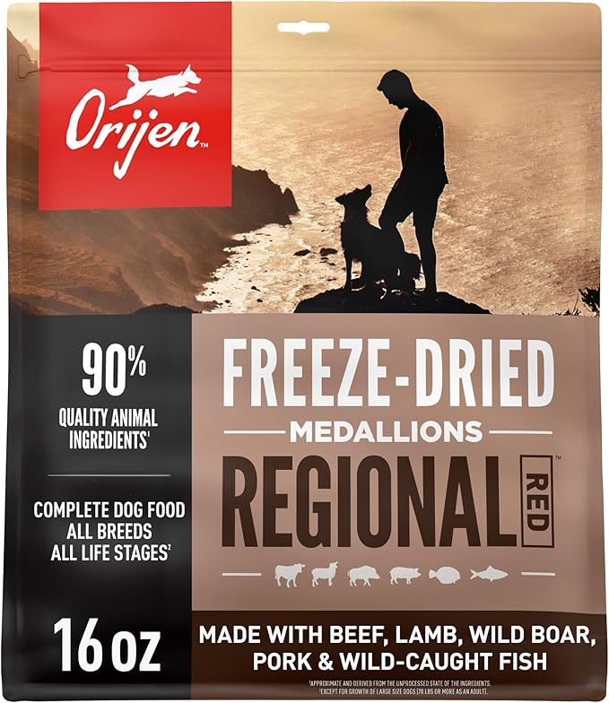 ORIJEN Grain Free High Protein Freeze Dried Dog Food & Topper Regional Red Recipe 16oz Bag