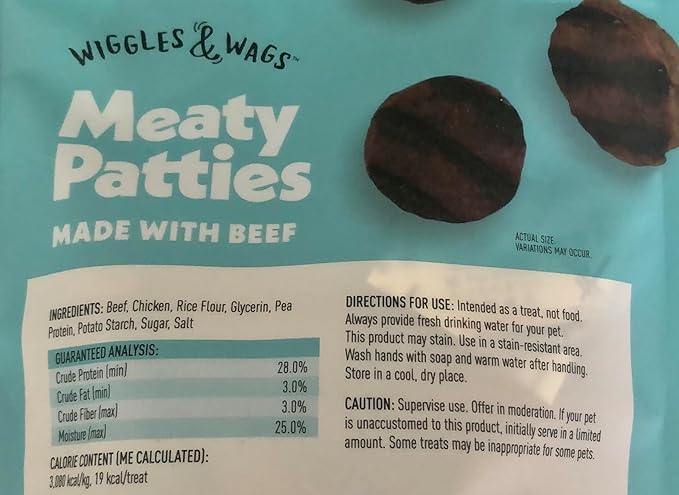 Meaty Patties Made with Beef Soft and Chewy Dog Treats. Plus Biggs Dog Waste Roll. 1-Net WT 8 OZ (226g) Bag.