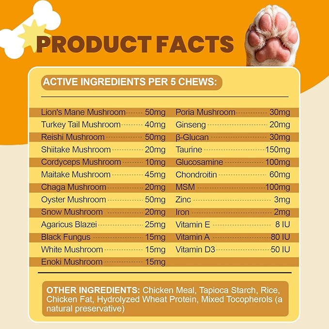 Mushroom Chews for Dogs - Turkey Tail Mushroom for Dogs Lumps & Bumps - Gut, Hip, Joint, Skin, Coat, Immune Health - 14 Organic Mushrooms Turkey Tail, Reishi, Lions Mane, Glucosamine, MSM - 160 Chews