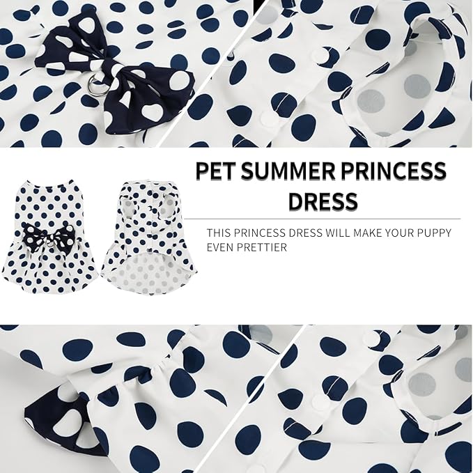 Cute Polka Dots Cat Small Dog Dress with Bow Tie Summer Clothes with D-Ring on The Back for Puppy Cat(White with Navy Dots, Medium)