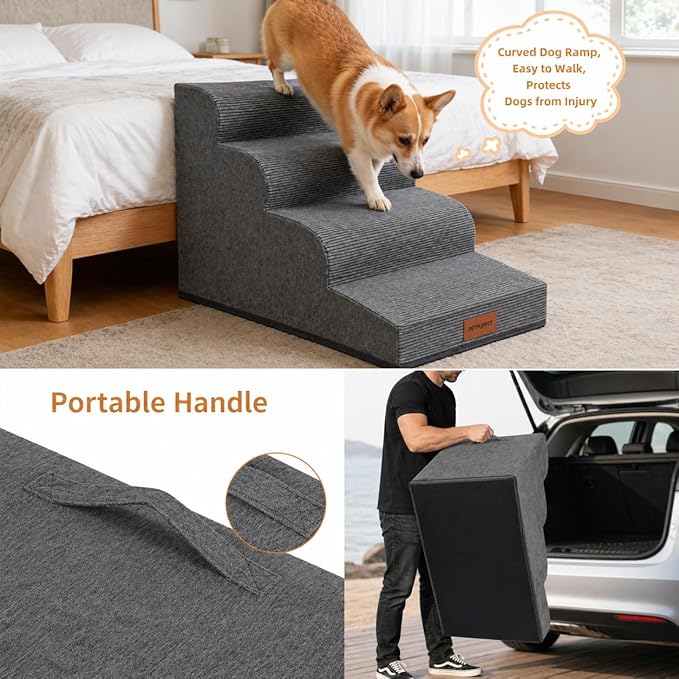 Dog Stairs for Small Dogs and Cats, 19.7" H, 4-Step Curved Pet Ramp for Beds or Couches, Non-Slip Medium Pet Steps with High Density Foam, Grey