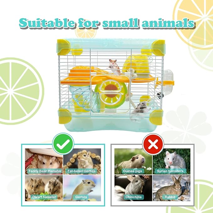 2 Layers Hamster Cage with Tubes Mouse Cage with Accessories Water Bottle Food Dish Transparent Hamster Habitat with Exercise Wheel for Hamster Guinea Pig Gerbil (10.9" x 8.1" x 9.8" Blue)