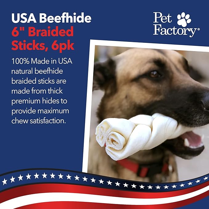 Pet Factory Beefhide Braided Sticks Dog Chews Long Lasting - 100% Made in USA Natural Rawhide from American Cattle Promotes Dental Health, Thick & Durable Chews for Dogs