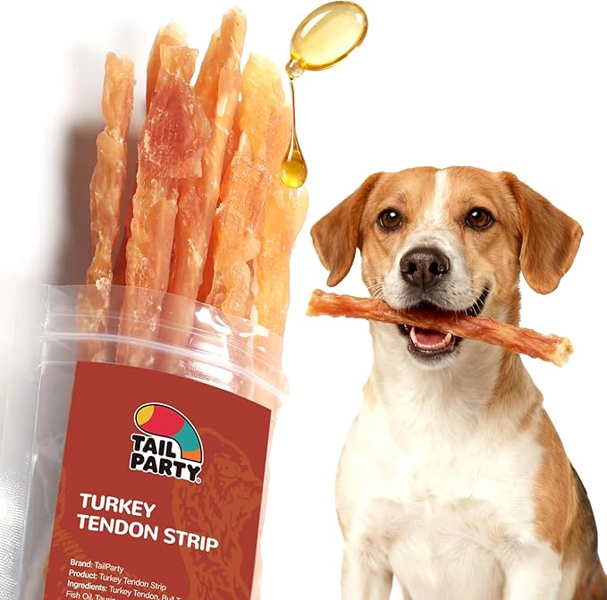 TailParty Turkey Tendons for Dogs with Fish Oil & Taurine: All Natural Dental Chews & Training Treats, Long Lasting Snack for Health-Conscious Pet Owners(Strip, 3 oz)