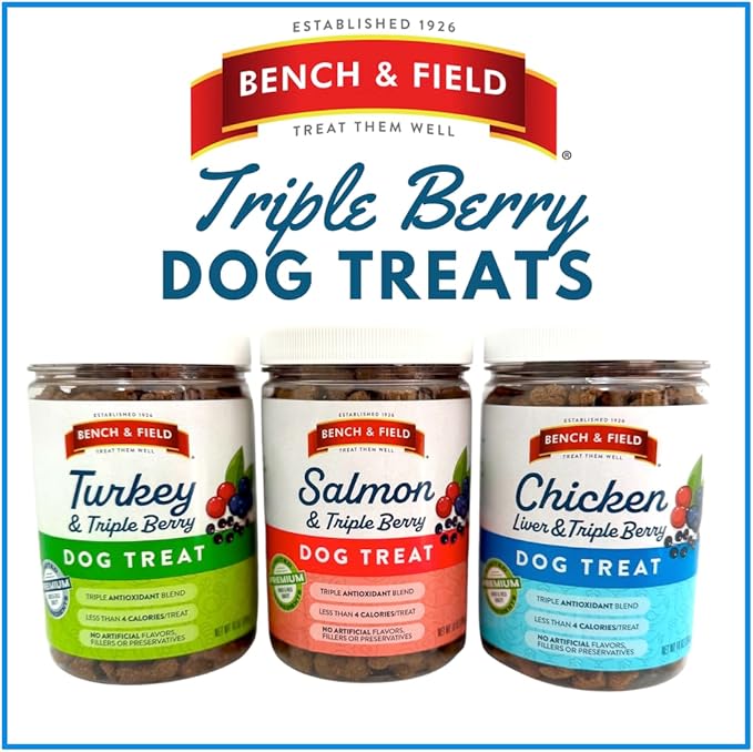 Bench & Field Holistic Natural Salmon & Triple Berry Dog Treats (Pack of 3) | Crunchy Bone-Shaped Bites | Antioxidant Blend, (3) 10-Ounce Bottles
