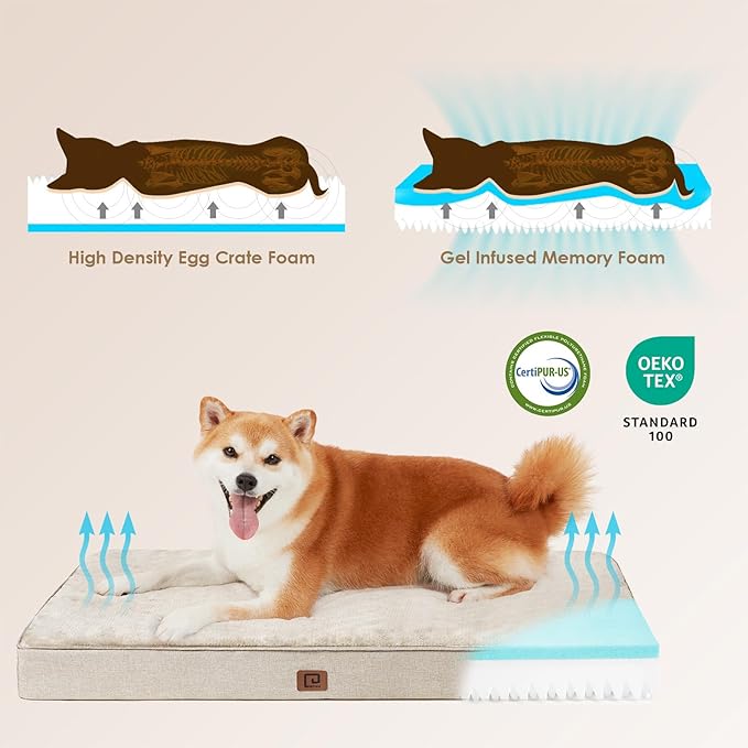 EHEYCIGA Orthopedic Dog Bed Waterproof 47"x29", Memory Foam Pet Bed for XXLarge Dog Bed, Washable Pet Mat with Removable Cover, Beige