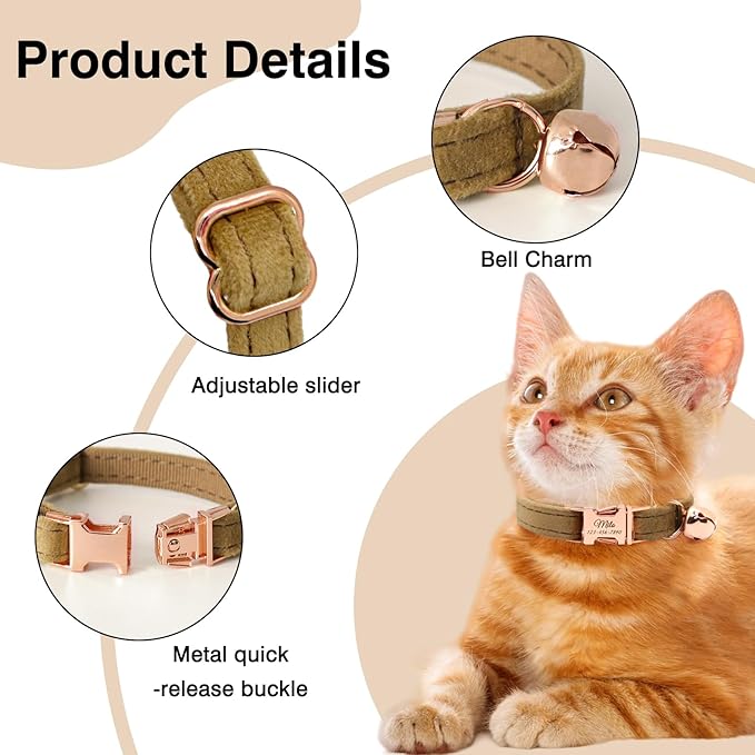 Personalized Non-Breakaway Cat Collar with Name, Luxury Soft Velvet Custom Engraved Name Collar with Bell for Kittens & Cats (Red, L (7.5-12.5 inches))