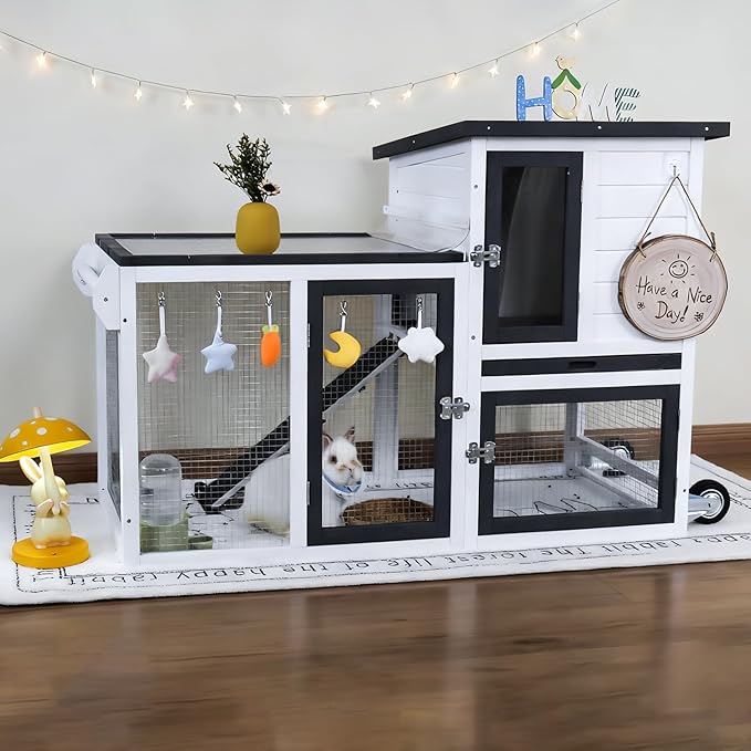 Bunny Hutch Outdoor with Chew-Proof Aluminum Frame 2-Story Indoor Rabbit Hutch Wooden with Wheels and Slide-Out Tray