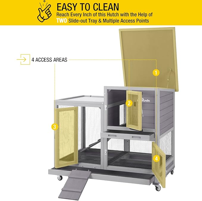 Aivituvin Rabbit Hutch Bunny Cage Indoor and Outdoor, Two Story Guinea Pig Cage on Wheels with 2 Deeper No Leakage Trays (Grey with Movable Bottom Wire Mesh)