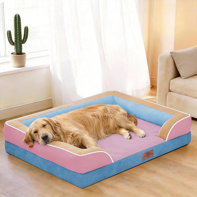 Comfort Expression Orthopedic Dog Bed for Extra Large Dogs 45x35 Inch, Waterproof Egg Crate Foam XL Pet Bed with Removable Bolsters, Dog Couch with Washable Cover & Non-Slip Bottom, Bubblegum Cove