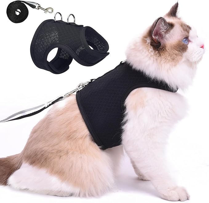 Cat Harness and Leash for Walking Escape Proof Breathable Mesh Fabric, Solid Black, Large, Adjustable Cat Walking Jackets, Padded Stylish Cat Vest