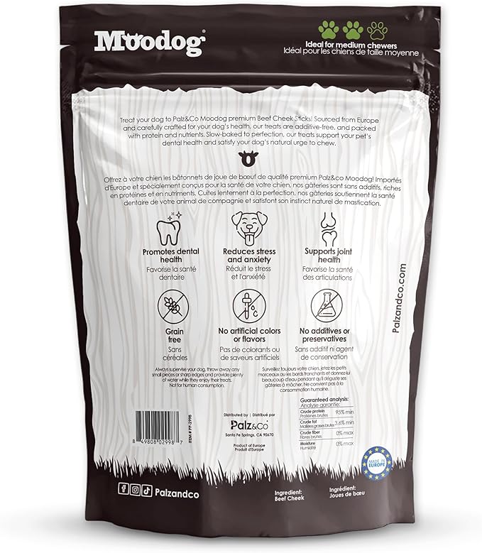 Palz&Co Moodog Beef Cheek Strips for Dogs - 12 Pack of 100% Natural Single Ingredient Treats - Grain Free, High Protein, Chewy & Crunchy Texture