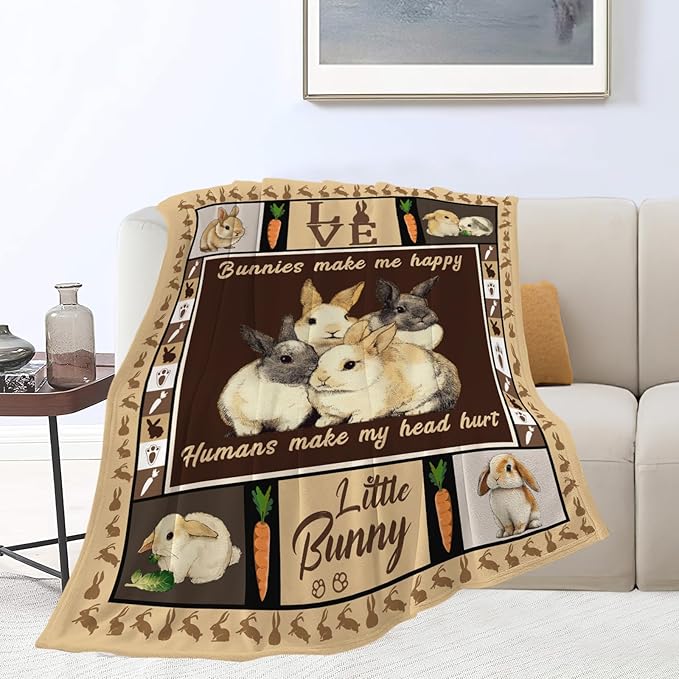 Bunny Throw Blanket Rabbit Bunny Stuff Gifts for Kids Girls Boys Adults Women Men Soft Cozy Warm Plush Fluffy Fuzzy Fleece Blanket 50''X60''