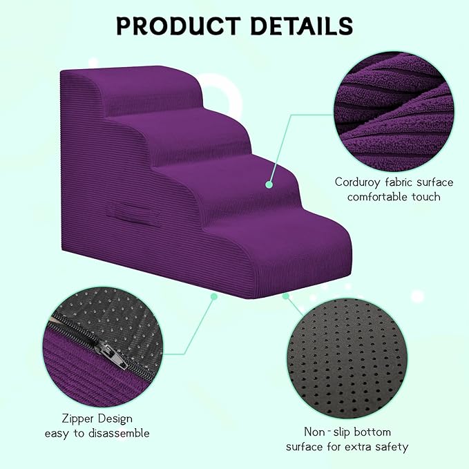 Mesa Lemon Dog Steps for Small Dogs, 3-Step Dog Ramp and Stairs for High Beds and Sofa, Non-Slip Pet Stairs Removable and Easy to Clean Cover, Purple