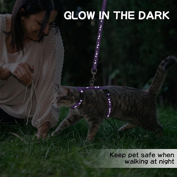 PAWCHIE Cat Harness with Leash and Collar Set - Escape Proof Adjustable H-shped Cat Harness with Star and Moon Pattern Glow in The Dark for Kitty Outdoor Walking