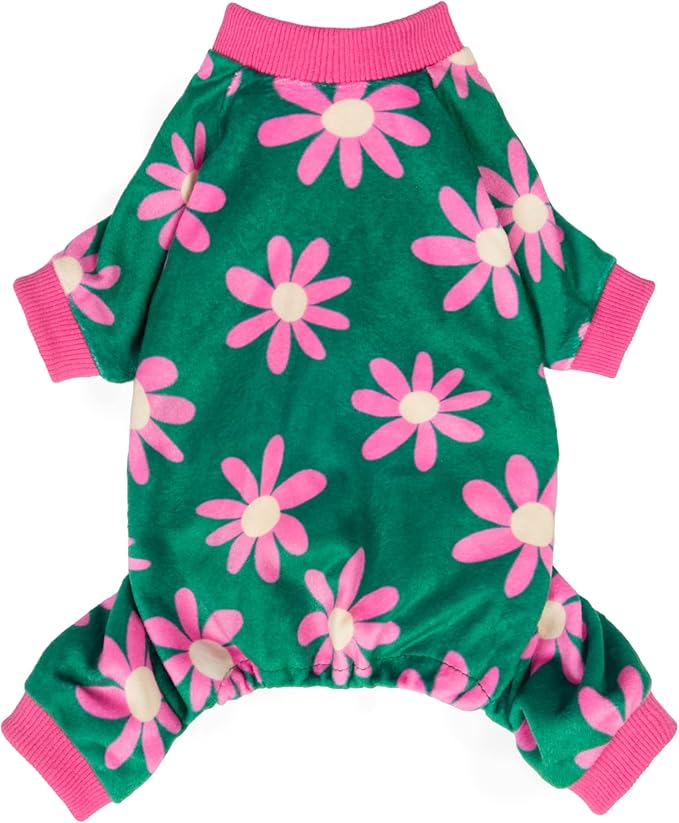 Fitwarm Flower Fleece Dog Pajamas, Warm Winter Dog Clothes for Small Dogs Girl, Cozy Pet Onesie with Feet, Dark Green, Small