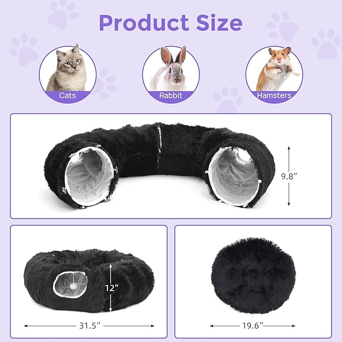 Cat Tunnel with Bed – Soft Plush Peekaboo Donut Cave for Indoor Cats | Under Christmas Tree Hideaway & Multifunctional Playground Toy for Kittens, Rabbits, Ferrets (Long-Pile Fabric Black)