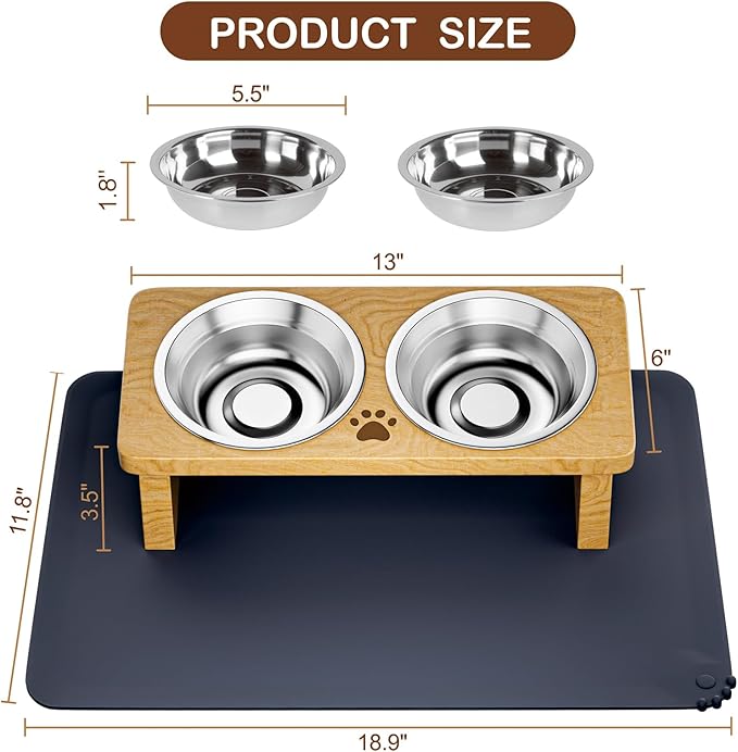 Elevated Cat Bowls with Silicone Mat, 15° Tilted Solid Wood Stand, Raised Stainless Steel Food & Water Dishes for Cats and Small Dogs, Anti-Vomiting Design(Natural)