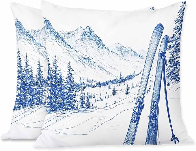 Pillow Case Ski Mountains Exciting Outdoors Sport with Skateboard in Winter Season Soft Decorative Set of 2,Square Home Decor Pillow Covers for Sofa Bedroom Car Couch 18X18 Inch