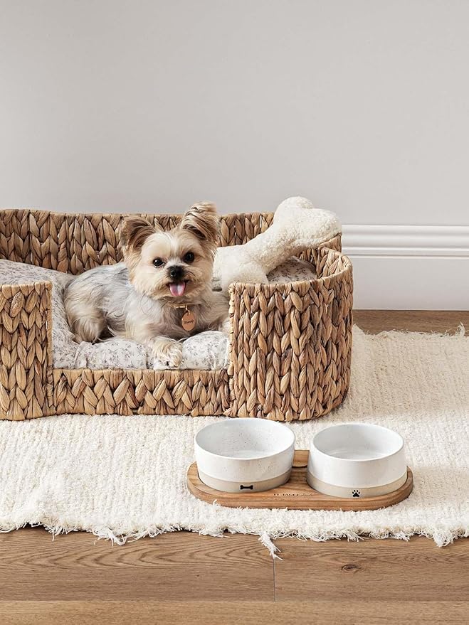 LE TAUCI PET Ceramic Dog and Cat Bowls Set with Acacia Wood Tray - 2 Cup Weighted Non-Slip Food and Water Dishes for Small Dogs & Cats, Pet Bowl Set of 2
