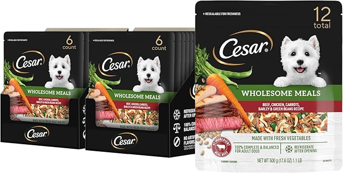 Cesar Wholesome Meals Wet Dog Food Beef, Chicken, Carrots, Barley & Green Beans Recipe, Wet Food for Dogs, 17.6 oz Pouch, 12 Count